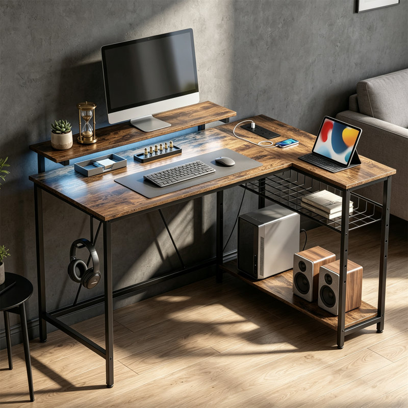 L-Shaped MDF Computer Desk, 90 cm H x 107 cm W x 80 cm D, Rustic Brown/Black