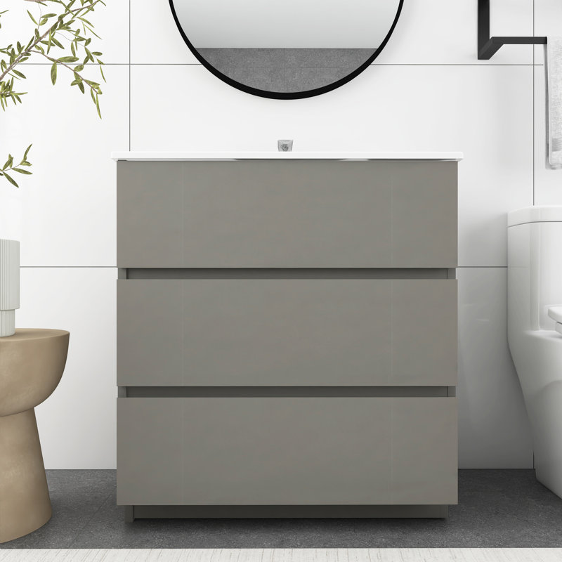 30 po Meuble-lavabo autoportant gris avec lavabo intégré en céramique
