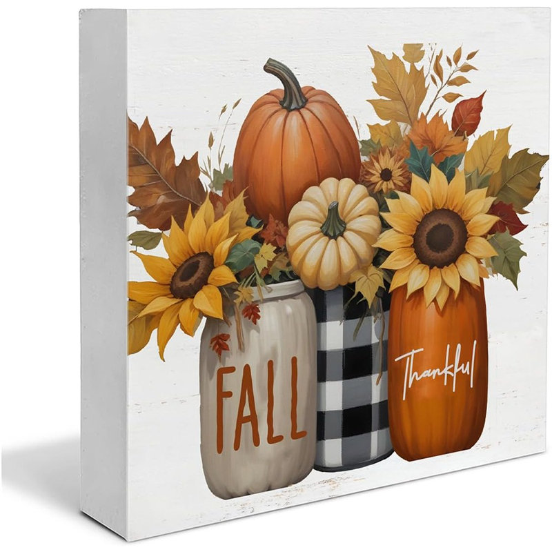 Citrouille, feuilles, signe en bois, décoration de bureau, rustique, automne, bloc en bois, décoration rustique