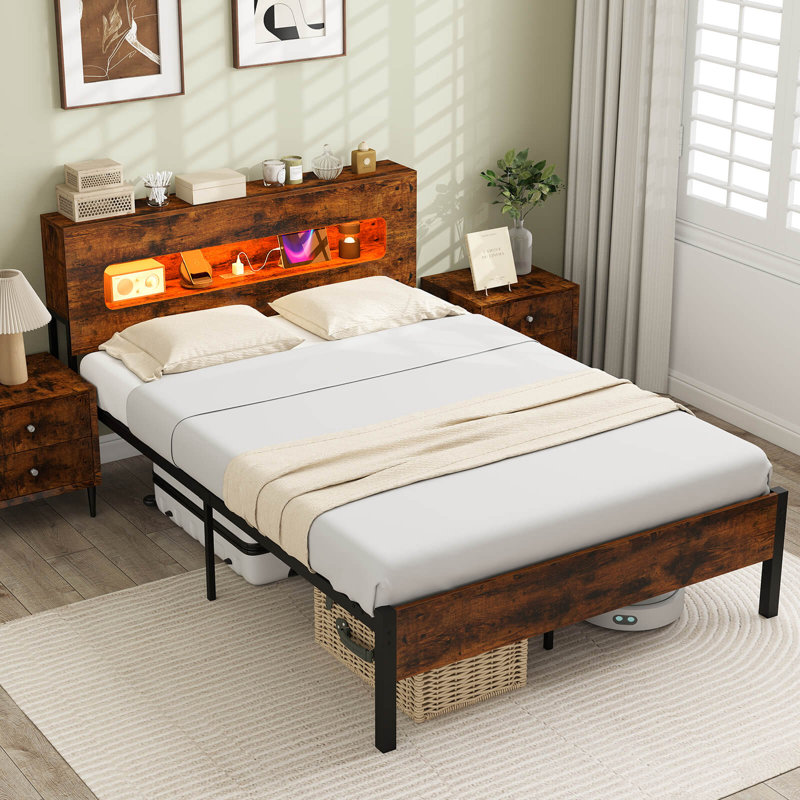 Base de lit double avec lumières DEL et tête de rangement pour prises de courant