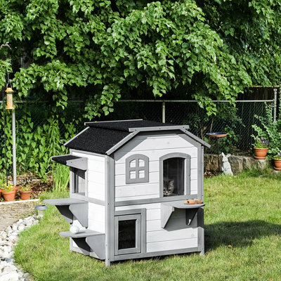 Maison pour chat de 2 étages - Enclos extérieur en bois pour chats, avec porte de secours, toit ouvert, plateformes de saut, ouverture blanche