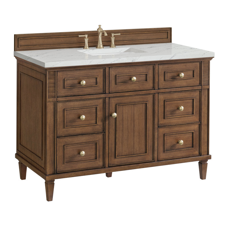 Lorelai 48'' Single Bathroom Vanity with Top, Mid-Century Walnut, Ethereal Noctis Quartz, 8" Widespread