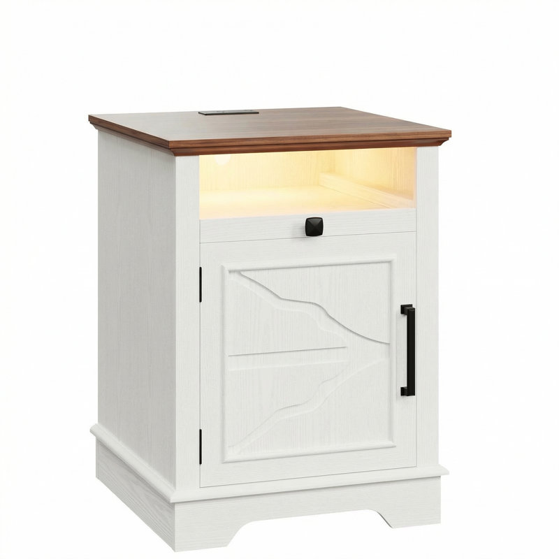 Butterfly 19" W Farmhouse Wood Nightstand With Charging Station, Storage Bedside Table With 2 USB Ports And App Controlled Led