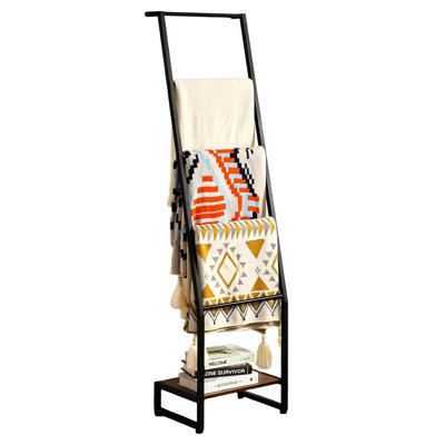 5 Tier Ladder Shelf,Wooden Blanket Ladders, Rustic Brown And Black