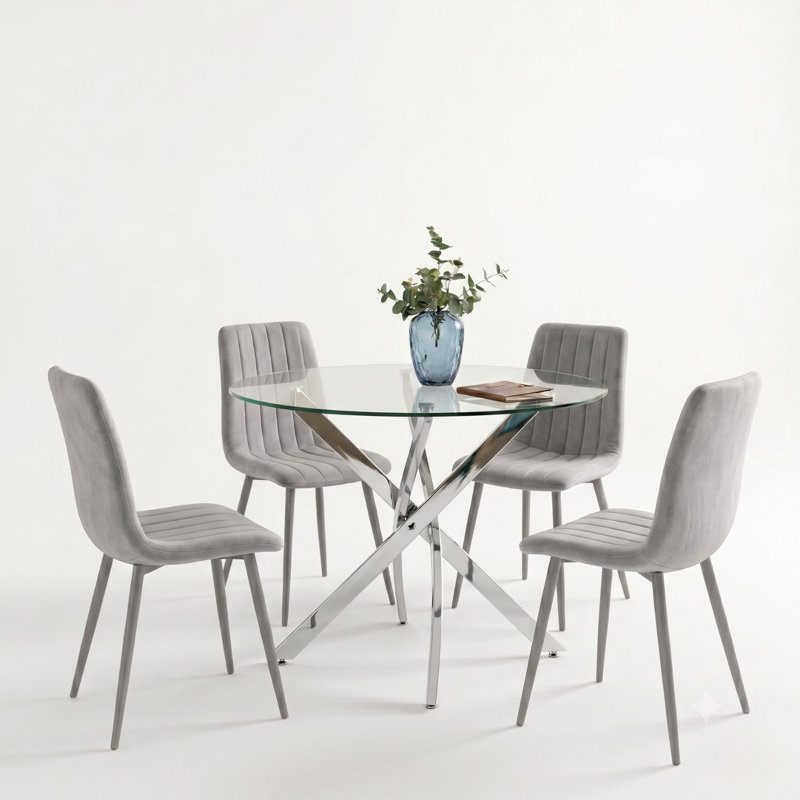 Modern Round Glass Dining Table Set with 4 Velvet Dining Chairs 4 Seater Kitchen and Dining Room Set, Grey