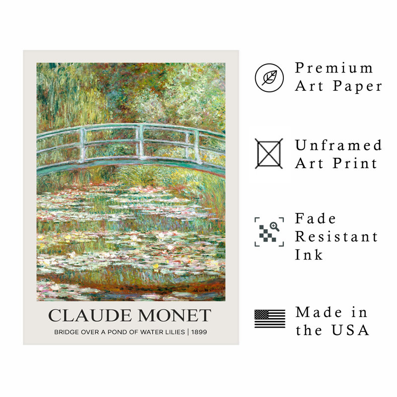 Architecture et bâtiments, pont Claude Monet au-dessus d'un étang de nénuphars, reproduction d'art classique sans cadre