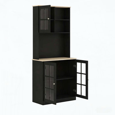 Freestanding Kitchen Pantry Cabinet with Glass Doors and Large Countertop