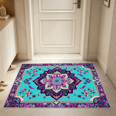 Tapis Turquoise Mandala pour le salon, doux et confortable, convient à toutes les saisons, facile à entretenir, tapis de sol intérieur lavable à la machine, sous la table de ferme convenant à la chambre à coucher, à la salle à manger, au bureau, au patio, au balcon, à la décoration intérieure