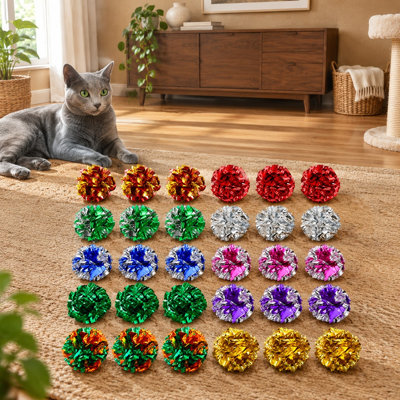 30-Piece Colorful Crinkle Ball Set for Indoor Cats and Kittens, 2.36-Inch Polyester Film Foil Toys with Crinkle Sound for Chewing, Chasing, and Active Play