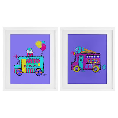 «Vibrant Summer Ice Cream Camions», ensemble de 2 impressions encadrées sous verre, design par Susan Lugar