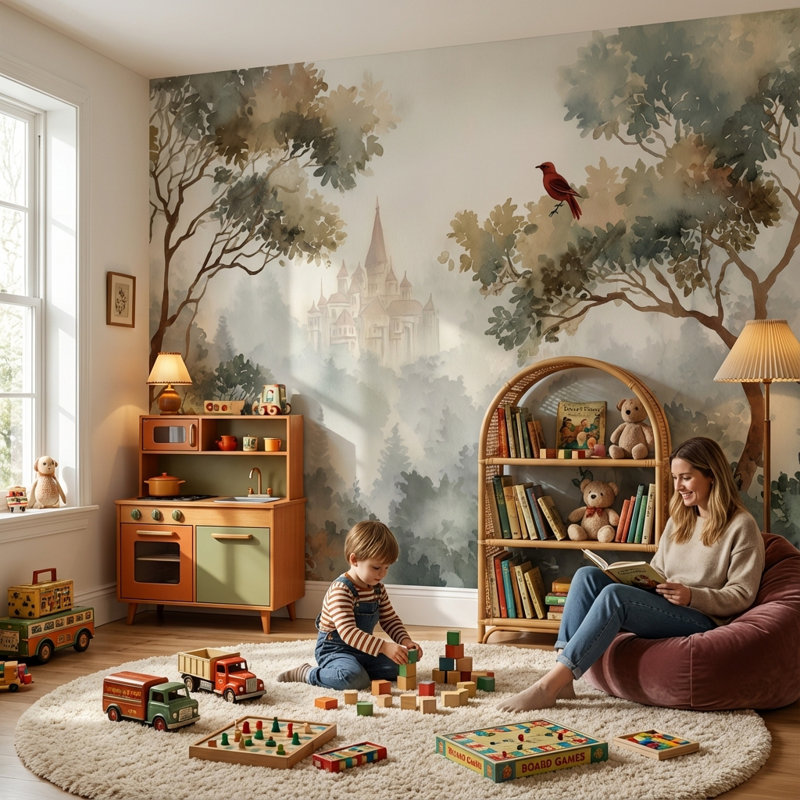 Papier peint château, paysage d'oiseaux brumeux, 100 po x 96 po, Peler et coller