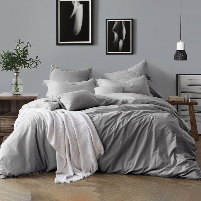 100% Cotton Crinkle Washed Duvet Cover Set, Full/Queen Duvet Cover + 2 Shams, Ash Grey