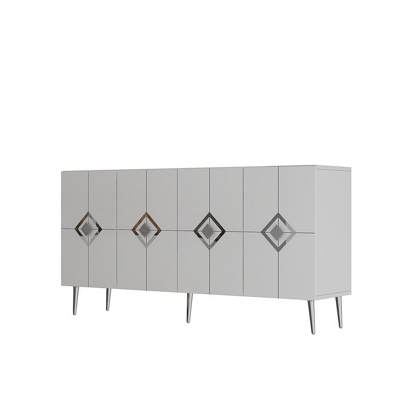 Console élégante et moderne, blanc et argent, panneau de particules recouvert de mélamine à 100%, épaisseur: 0,7 pouce | Nombreuses tablettes à fixation géométrique pour une décoration intérieure élégante