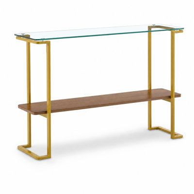 Glass Console Table for Living Room, Foyer & Entrance, 2-Tiers Mid-Century Modern Sofa Table with Clear Glass Top, Walnut Finish Wood Top and Gold Fin