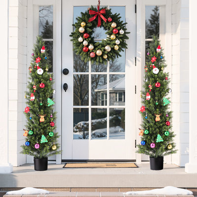 60 - Inch Artificial Trees, 2 Fake Silk Pine Shrubs, Lifelike Appearance For Outdoor Patio And Indoor Office Decoration Faux Trees With Realistic Colo