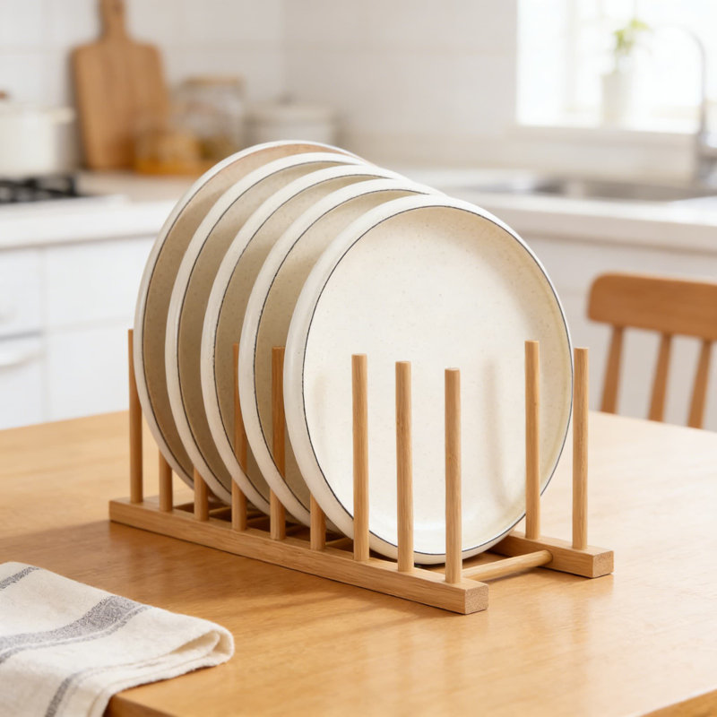 Bamboo Dish Drying Rack And Organizer With 8 Slots - Multi-Functional Storage For Plates, Pot Lids, Cutting Boards, Bowls, And Cups