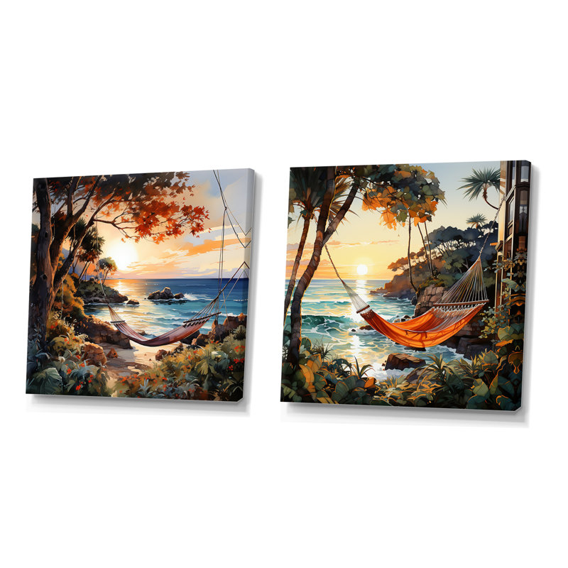 Coucher de soleil hamac au bord de la plage I - ensemble de 2 décorations tropicales côtières, Toile tendue