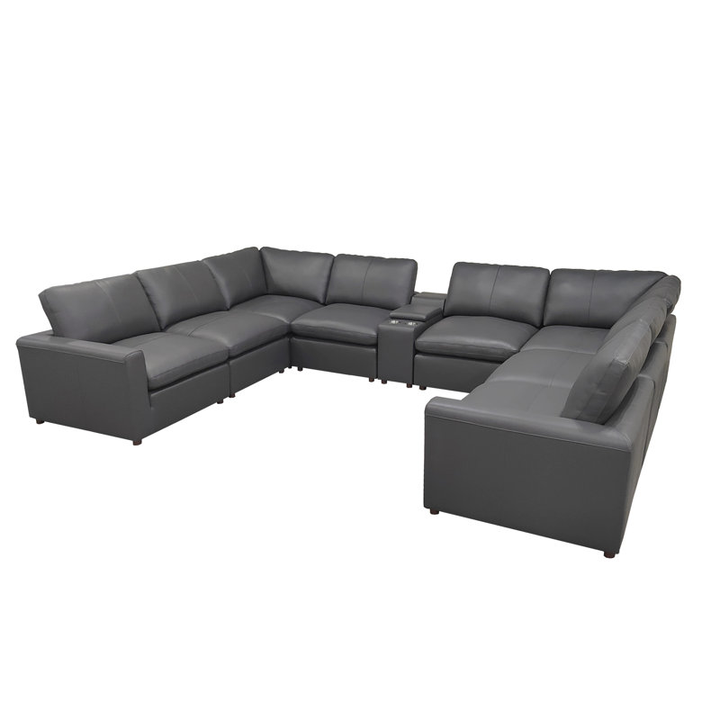 Reestock Top-Grain Leather Large Seating Modular Sectional, Blue Gray