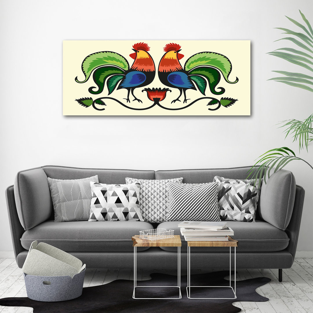 Roosters Folk Pattern - Ungerahmte Kunstdrucke auf Leinwand