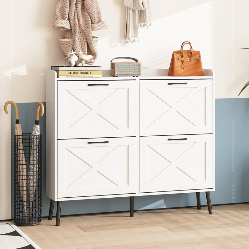 Space-Saving Freestanding Shoe Storage Cabinet with 4 Flip-Door Compartments and Multi-Functional Design, White
