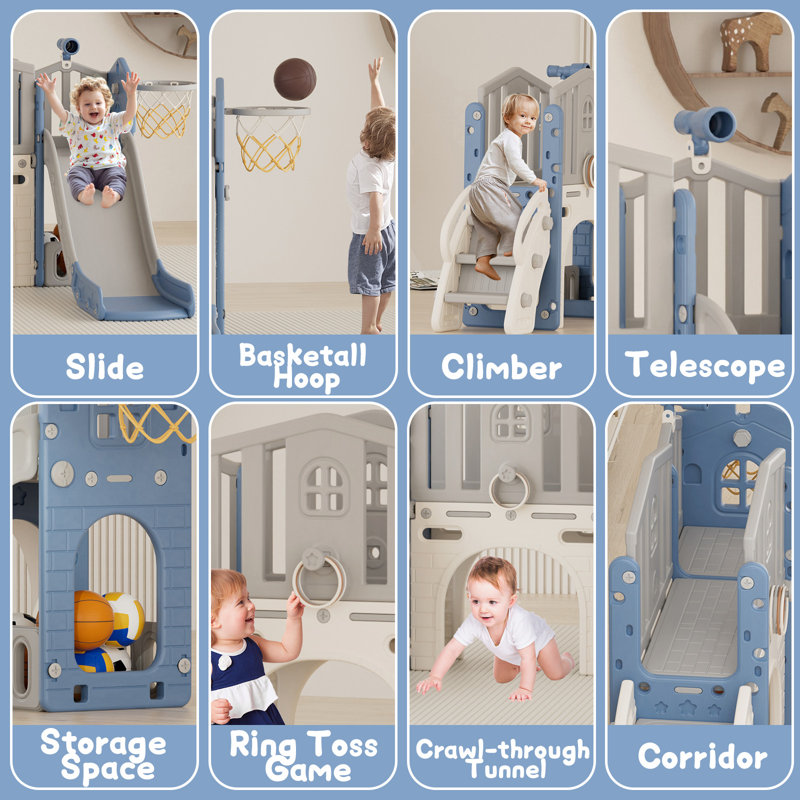 8 In 1 Toddler Slide, Kids Climber Slide Outdoor Indoor Playset, Blue/Gray
