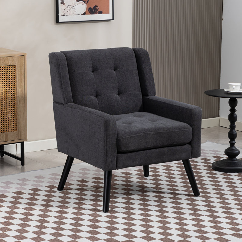26.77" Mid-Century Modern Accent Chair With Linen Upholstery, Tufted Back And Black Solid Wood Legs(Set Of 2), Dark Gray