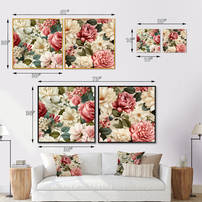 Ingle - Ensemble de 2 collages floraux carrés, H 16 po x l 33 po, Cadre flottant doré