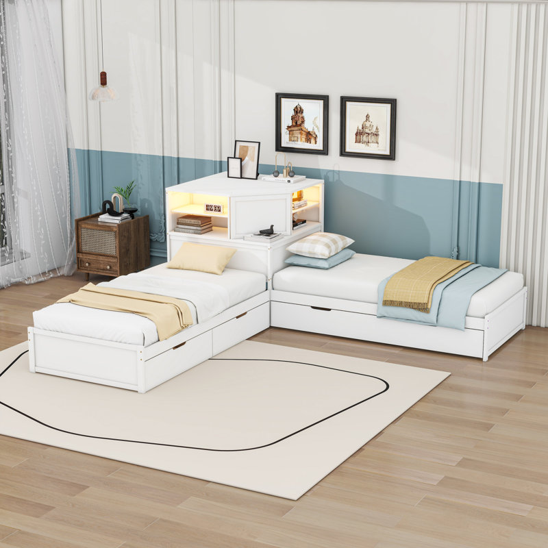 Lit plateforme simple et simple à 2 tiroirs en bois avec lit gigogne et tablettes, Blanc