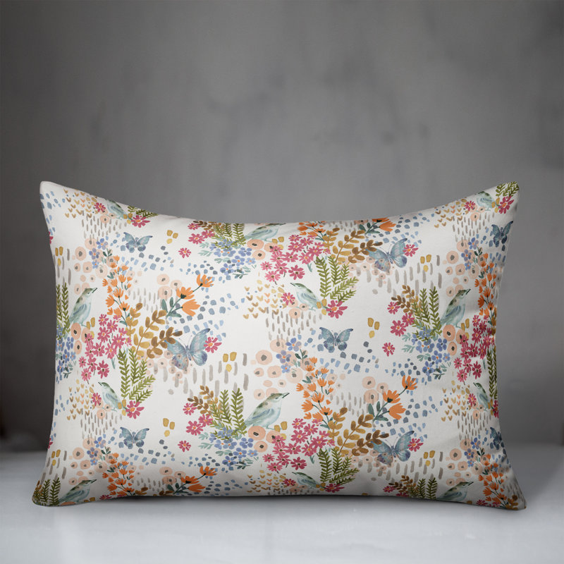 Floral Rectangular Lumbar Cushion, White