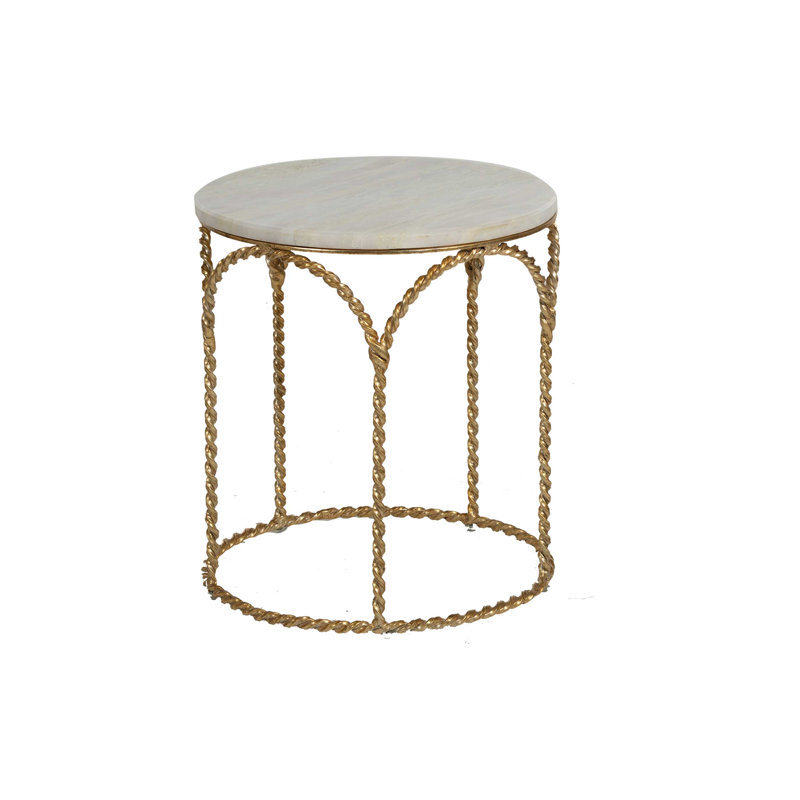 Basel Gilded Gold Round End Table with Feather Green Marble Top