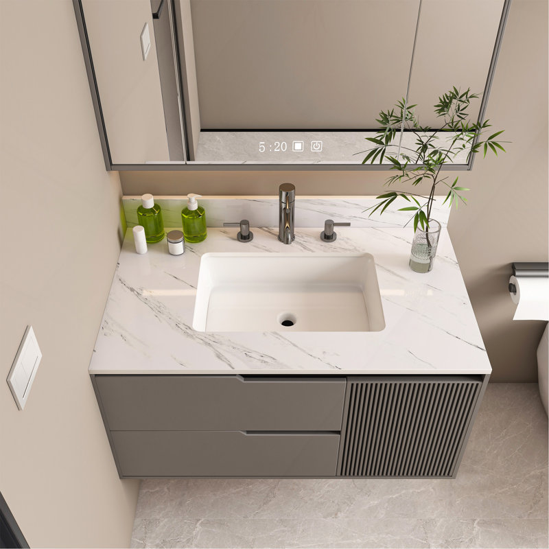 37 Inch Marble Vanity Top, White Vanity Top with 3 Pre-drilled Faucet Holes, Bathroom Vanity Top with Undermount Rectangular Middle Sink and 4" Height Backsplash