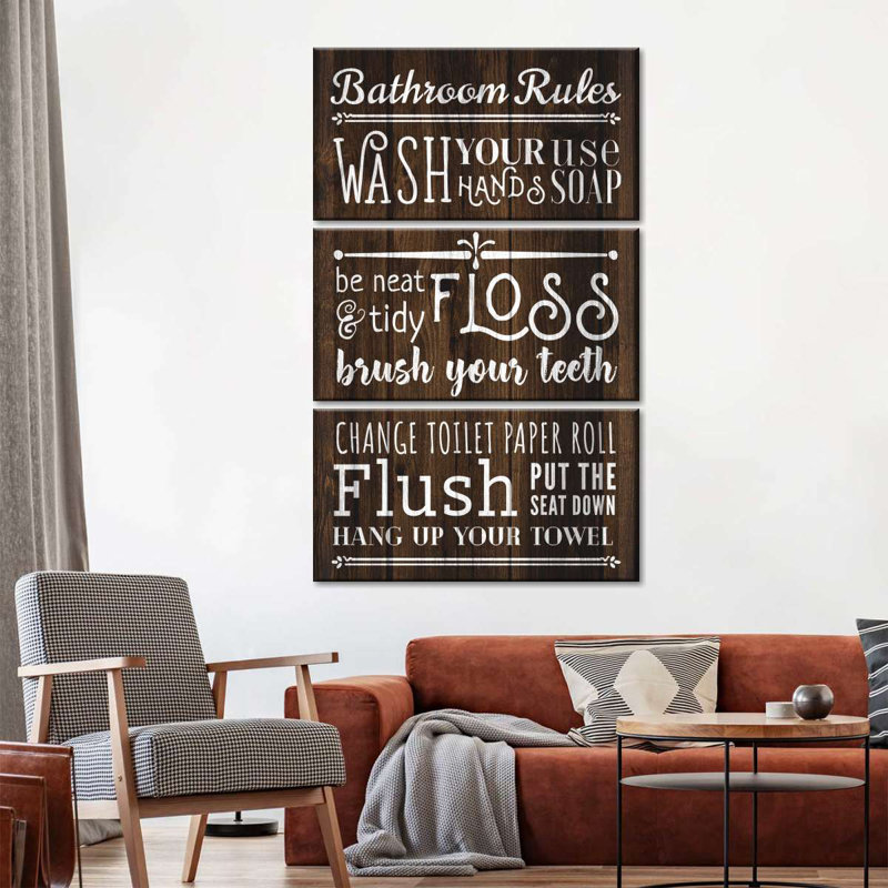 " Rustic Bathroom Rules Multi Piece Canvas Print " by HomeyNotes Studio 3 - Pieces, 14" H x 23" W x 1" D