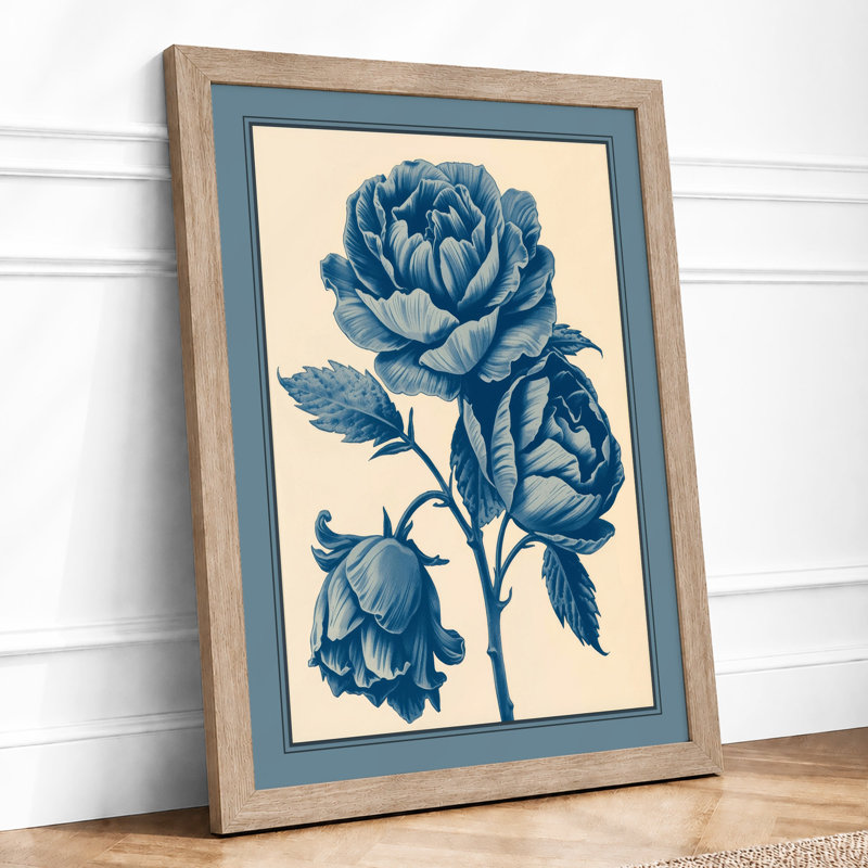 Rose in Blue Botanical - Framed Print, A2 - 59.4 x 42.0 cm, Oak
