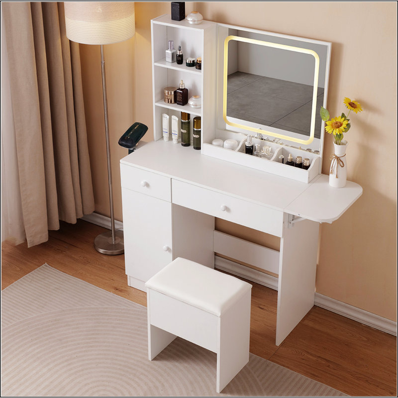 Vanity Desk with Lighted Mirror & Power Outlet, Makeup Vanity Desk with Drawers and Large Storage Cabinet  for Bedroom, 3 Lighting Modes Adjustable Brightness, Storage Stool