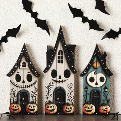 3 Pieces Halloween Table Decorations Haunted House Wooden Block Sign Halloween Tiered Tray Decor Rustic Farmhouse Pumpkin Ghost Centerpieces For Home Shelf Desk Mantel Tabletop Party Décor