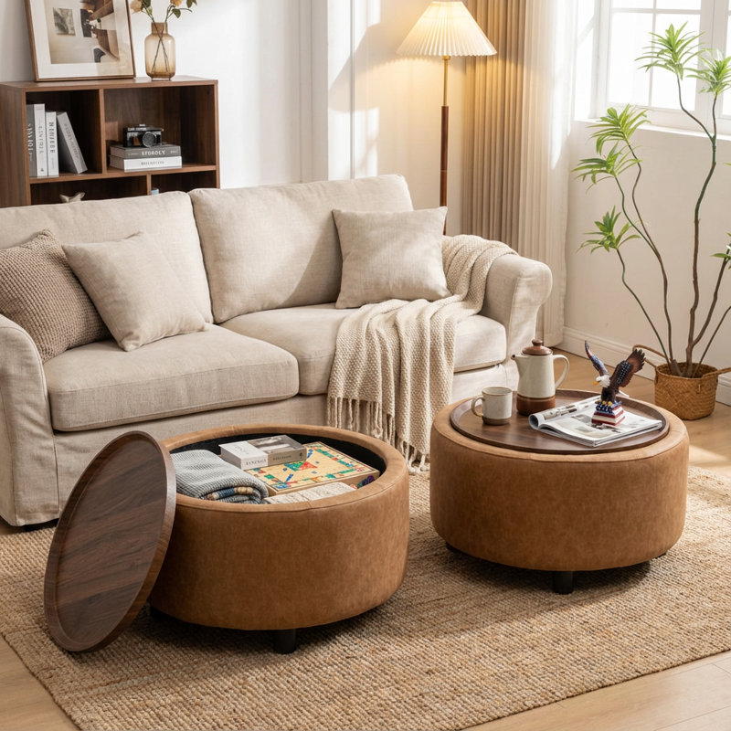 Eniyah Round Cocktail Ottoman With Storage, Brown