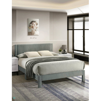 1Pc Contemporary Plush Upholstered Headboard Ribbed Texture Low-Profile Frame Unobtrusive Legs Queen Platform Bed Bedroom Furniture