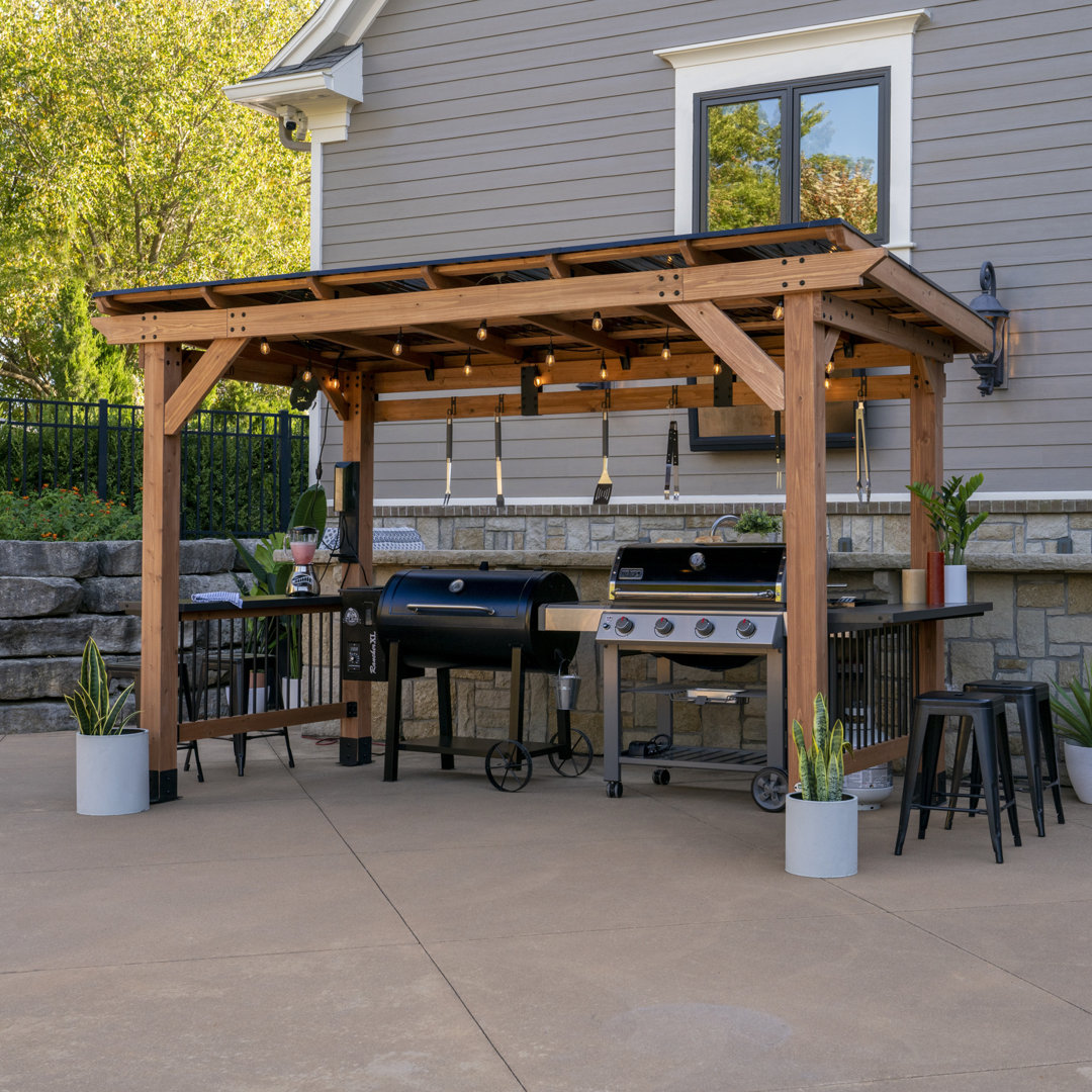 Backyard Discovery Saxony XL 12' x 6' Cedar Wood Outdoor BBQ Grill Gazebo with Hardtop Galvanized Steel Roof and Bar Tops Backyard Discovery