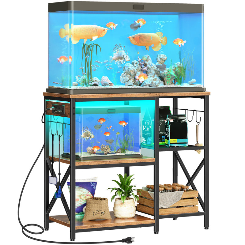 Black and Brown Metal Aquarium Stand with LED Light and Power Outlets