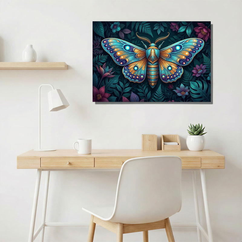 Toile brillante, sarcelle et papillon doré sur fond de feuillage foncé, H 24 po x l 36 po