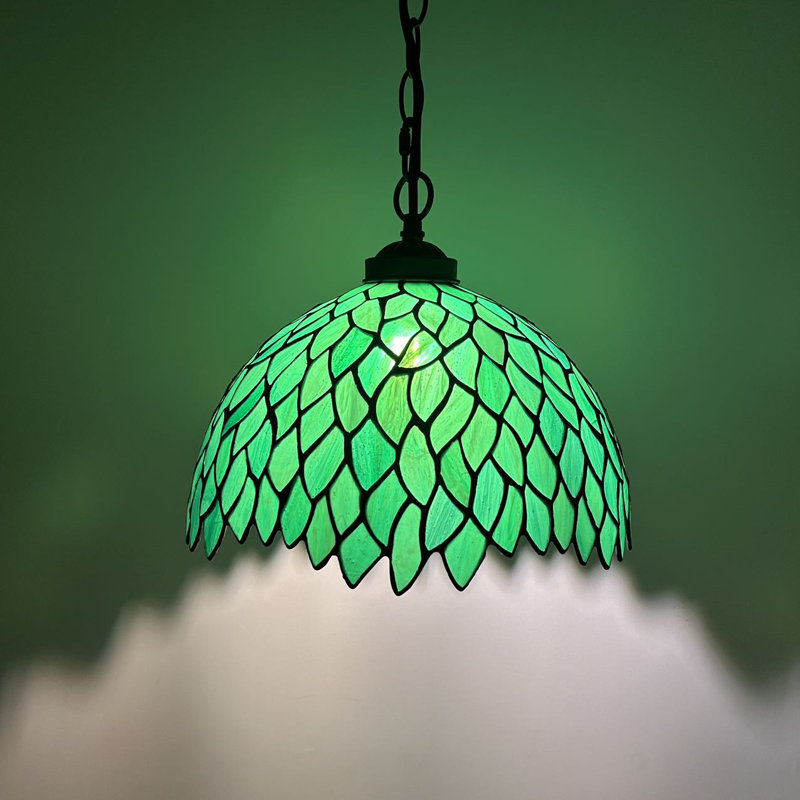 Kleist Tiffany Pendant Lighting Green Stained Glass Leaves LED Bulb Included 12”W*12”D*60”H