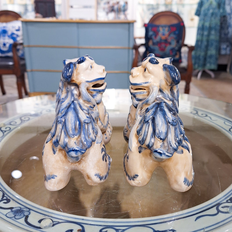 Small Pair of Lucky Foo Dog Figurine, Blue/Cream, 5.5" H x 7" W x 3.5" D