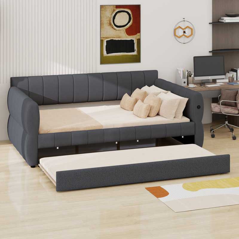 Lit plateforme moderne avec cadre rembourré et lit gigogne, Gris