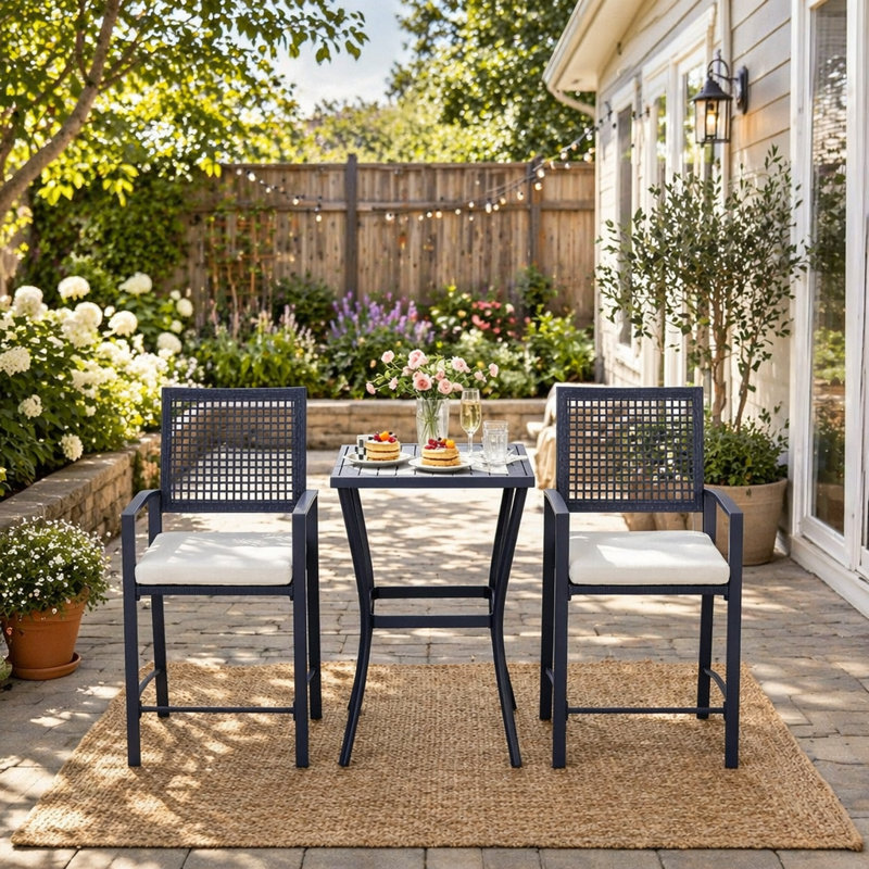 Ensemble de bar durable en osier résistant aux intempéries avec fauteuils rembourrés confortables et table haute pour les réceptions en plein air