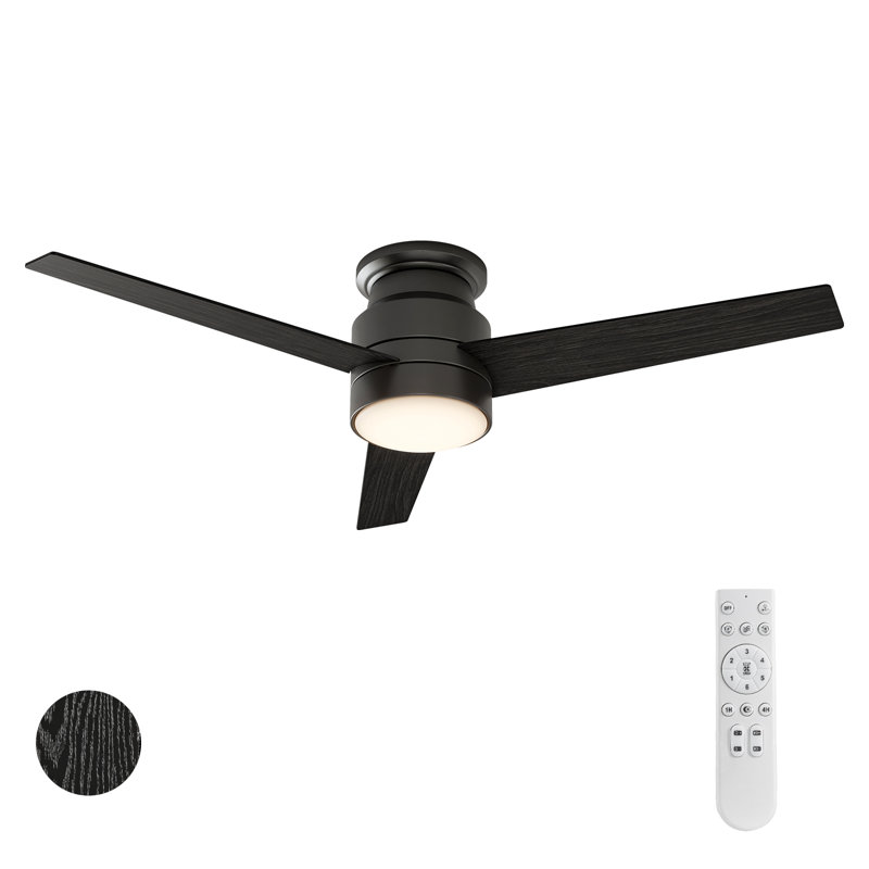 Doras 52" 3-Blade Flush Mount Ceiling Fan with LED Lights and Remote Control, Black