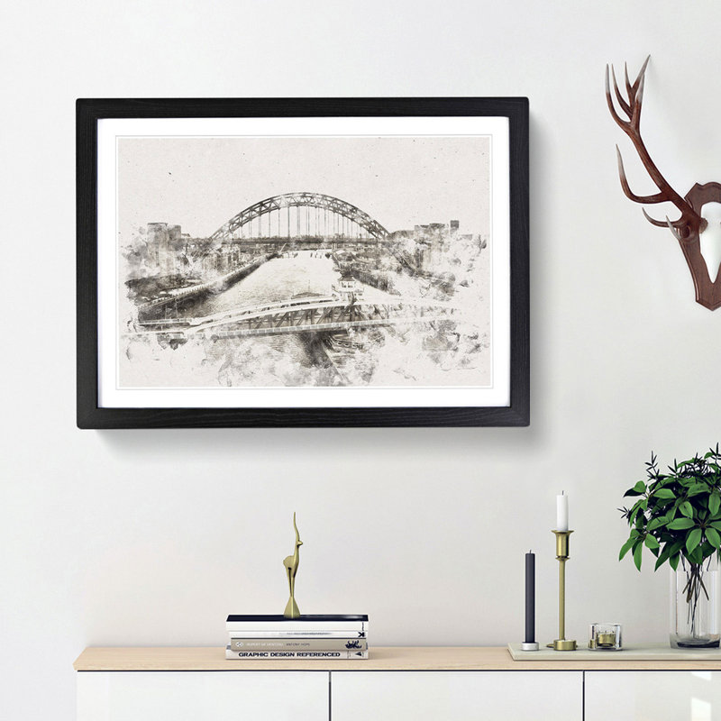 Tyne Bridge Linking Newcastle Watercolour - Picture Frame Graphic Art, Black, 33cm H x 45cm W x 2cm D