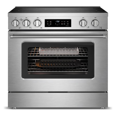 Cuisinière électrique 36 po, 6 pi. Cu., 5 brûleurs, 9000 W avec cuisson par convection, friture à l'air, nettoyage à la vapeur, grillage et maintien au chaud, support anti-basculement, 6 positions de support, acier inoxydable