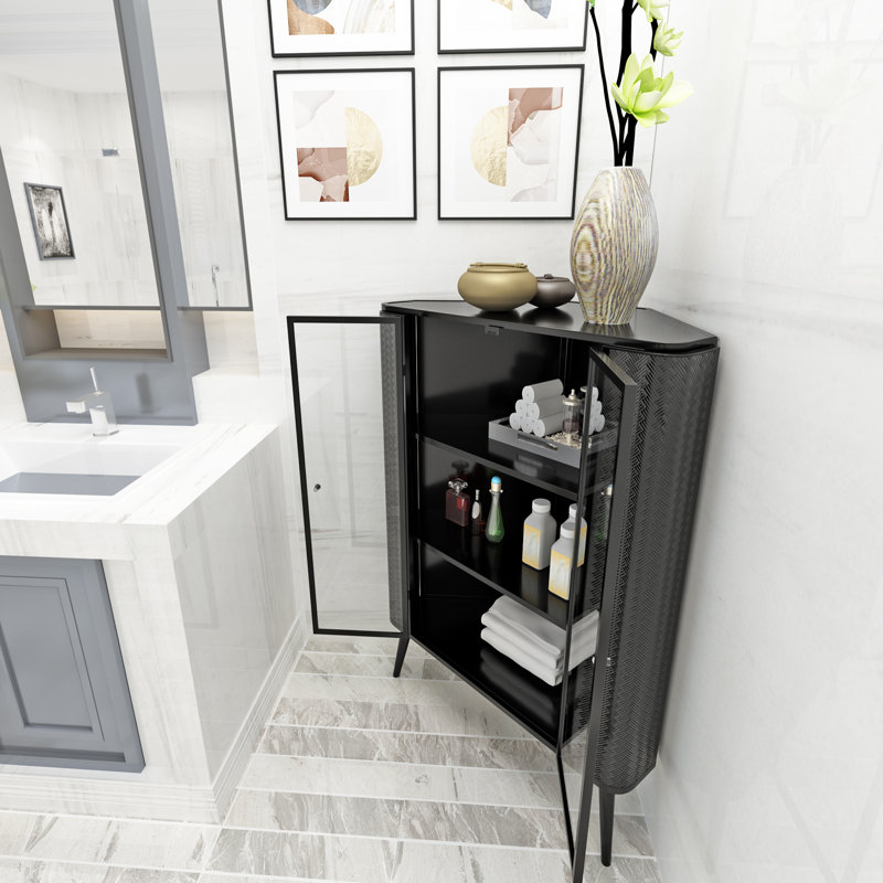 Modern 3-tier Corner Storage Cabinet With Tempered Glass Doors, Removeable Shelves & Metal Frame