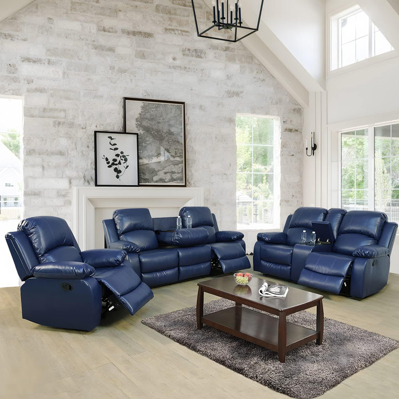 Blue Vegan Leather 3-Piece Manual Reclining Sofa Set
