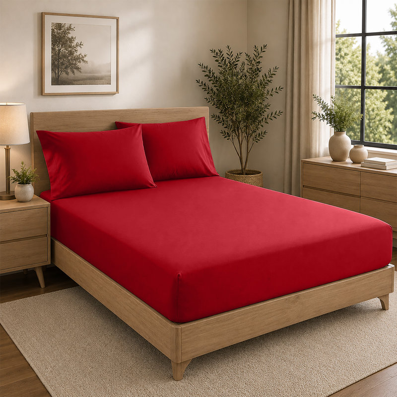 Microfiber Premium Quality Deep Hypoallergenic Fitted Sheet 25cm, Super King (6'), Red